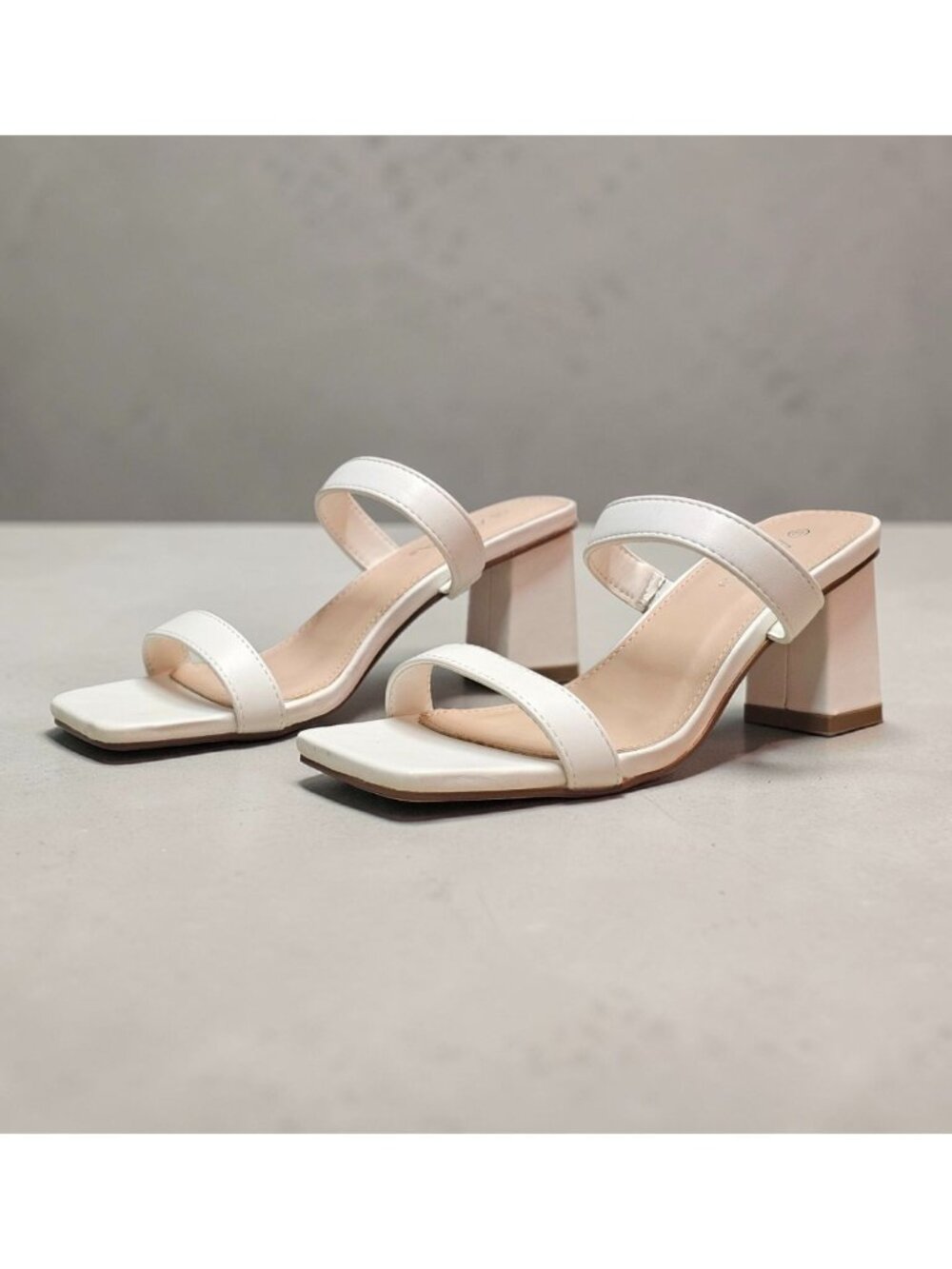 White Faux Leather Block Heel Sandals With Double Straps & Square Toe For Women - Picture 12 of 15